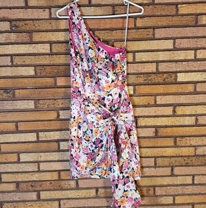 Lulu's Gorgeous Garden Pink Floral One-Shoulder Faux-Wrap Mini Dress